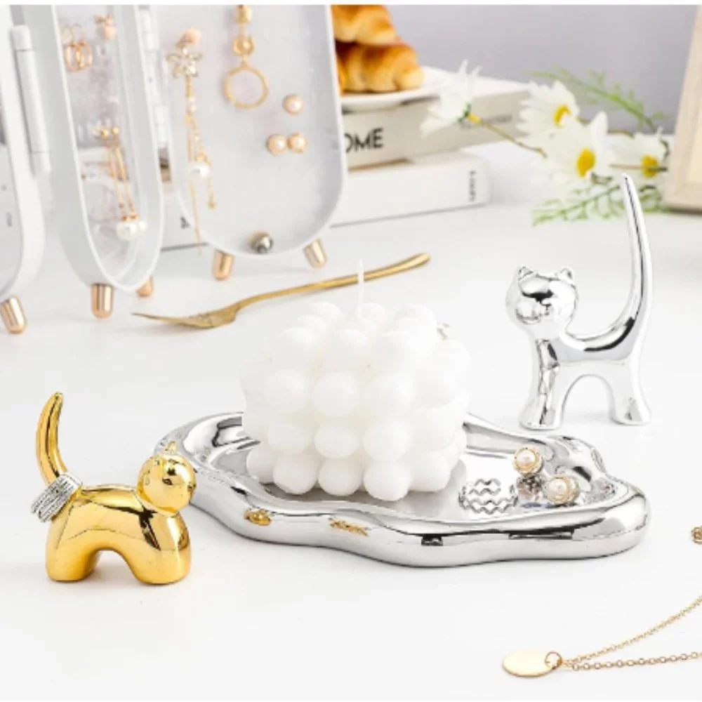 Ceramic Jewelry Cloud-Shaped Tray & 2 Removable Cat Ring Holder Set